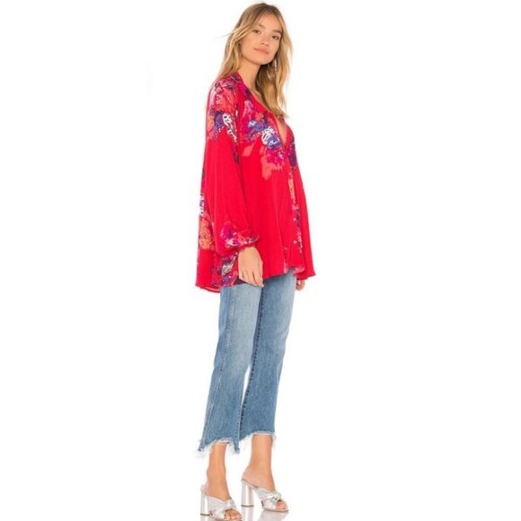 Free People Revolve Meadow Lark Blouse Red Fuchsia‎ Pink Size XS Floral Bohemian - Picture 2 of 11